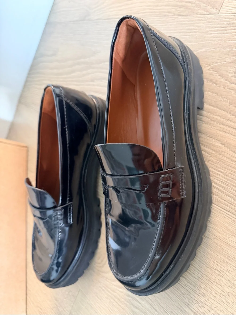 Reformation Black Patent Lug-Sole Penny Loafers